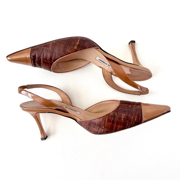 MANOLO BLAHNIK | Vintage SlingBack Pointed Toe Kitten Heel Leather Brown Tan 40 - Picture 6 of 15